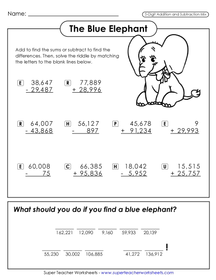 Addition and Subtraction Mixed - Blue Elephant (Add/Subtract; 5 Digit) Addition and Subtraction Mixed - Blue Elephant (Add/Subtract; 5 Digit)
