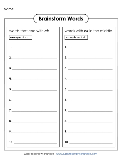 Worksheets - Brainstorm /ck/ Words