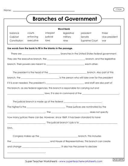 Worksheets - Branches of Government Cloze Activity