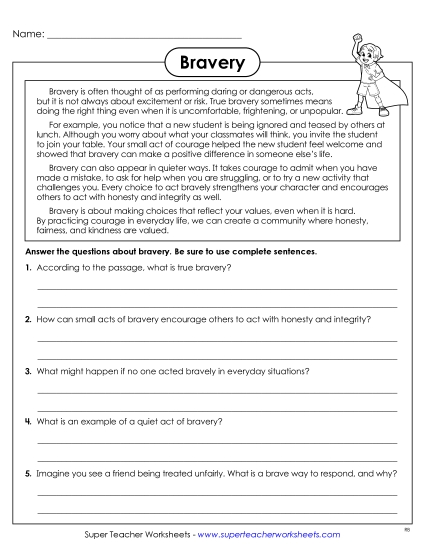 Bravery - Bravery Reading & Reflection (Printable PDF Worksheet)