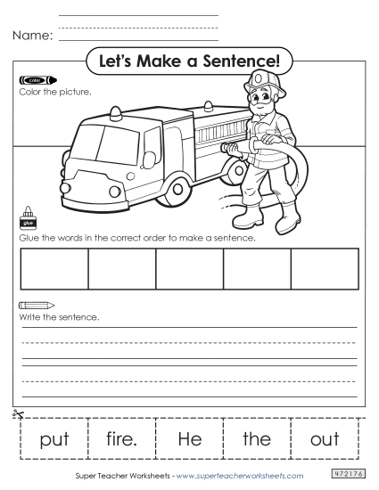 Building Sentences (Cut & Glue) - Build a Sentence: Firefighter