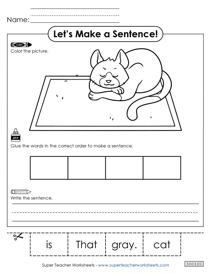 4 Word Sentences - Build a Sentence: Gray Cat
