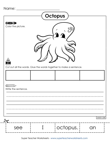 Worksheets & Activities - Build a Sentence: I see an octopus.