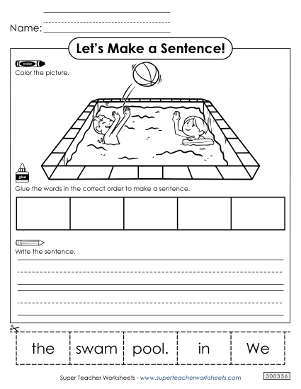 5 Word Sentences - Build a Sentence: In the Pool