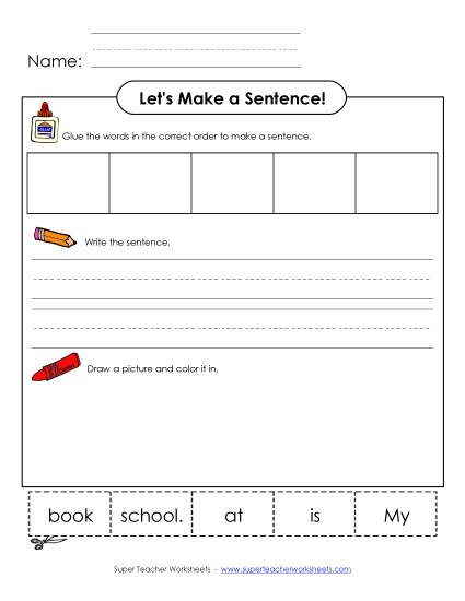 Build Sentences - Build-a-Sentence: My book is at school.