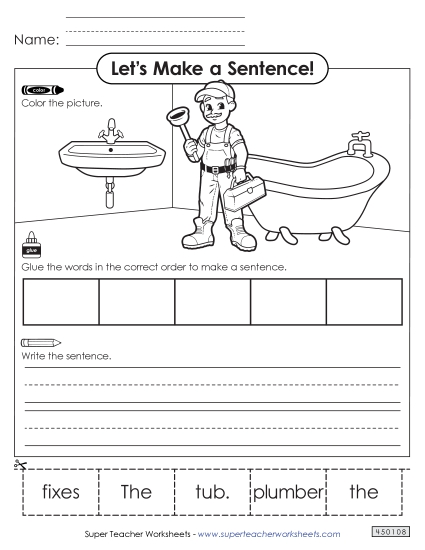 Building Sentences (Cut & Glue) - Build a Sentence: Plumber