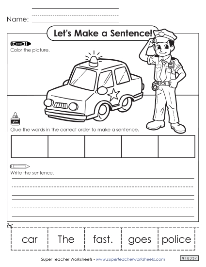 Building Sentences (Cut & Glue) - Build a Sentence: Police Officer