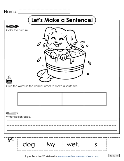 4 Word Sentences - Build a Sentence: Wet Dog