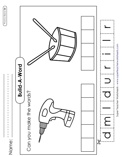 Cut and Glue Activities - Build-a-Word #1: Drill and Drum