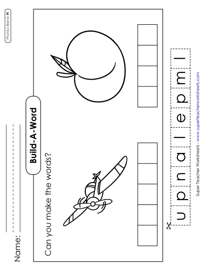 Cut and Glue Activities - Build-a-Word #2: Plane and Plum