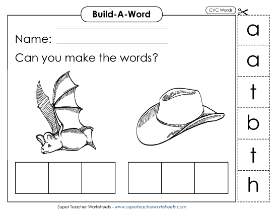 Build Words (Cut-and-Glue Activities) - Build Words: Bat and Hat Build Words (Cut-and-Glue Activities) - Build Words: Bat and Hat