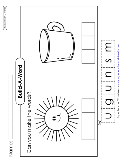 Short U CVC Words - Build Words: Mug & Sun (Printable PDF Worksheet)