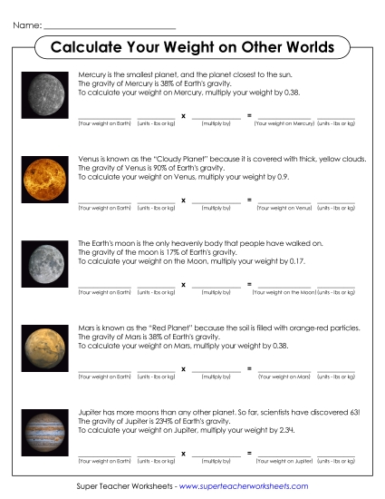 Worksheets (Level: Intermediate) - Calculate Your Weight on Other Planets