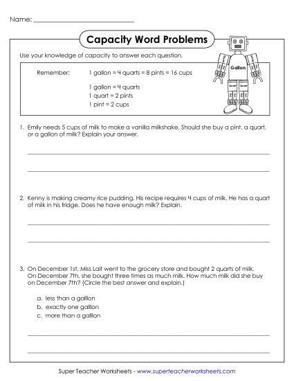 Capacity Word Problems Capacity Word Problems