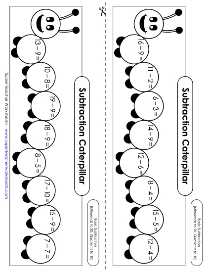Subtraction Fact Practice - Caterpillar: Subtraction within 20