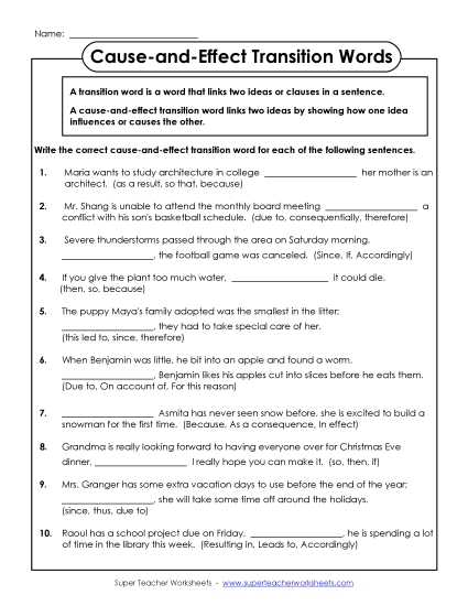 Cause & Effect: Transition Words - Cause and Effect Transition Words