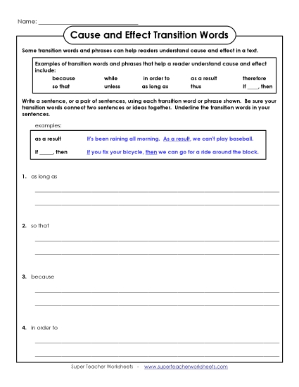 Cause & Effect: Transition Words - Cause & Effect Transitions: Write Sentences