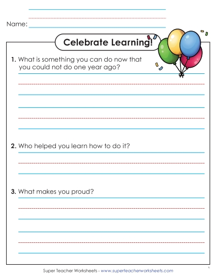 Reflecting on Learning - Celebrate Learning Worksheet (Printable PDF Worksheet)