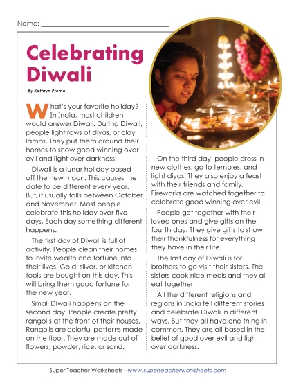 Reading Comprehension - Celebrating Diwali (4th Grade Reading Level) (Printable PDF Worksheet)