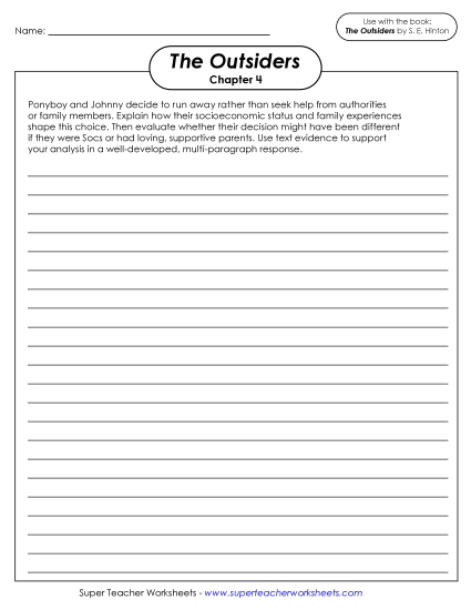 Chapters 3–4 - Chapter 4 Writing Prompt:  Ponyboy & Johnny Run Away (Printable PDF Worksheet)