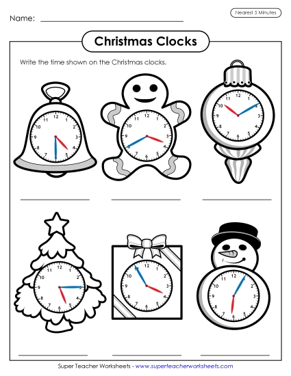 Christmas Clocks Telling Time - Christmas Clocks Nearest Five Minutes