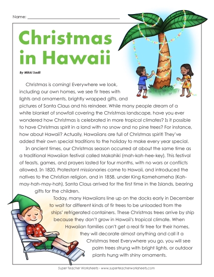 Reading Comprehension - Christmas in Hawaii Reading Comprehension - Christmas in Hawaii