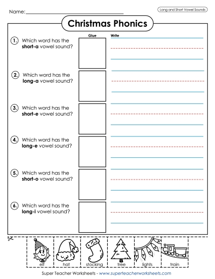 Cut-and-Glue Activities (Very Basic) - Christmas Phonics Vowel Sounds