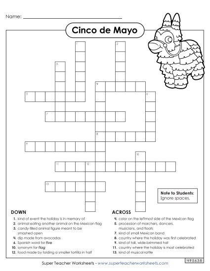 Worksheets - Cinco de Mayo Crossword Puzzle