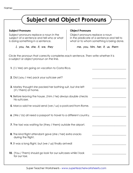 Subject & Object Pronouns - Circle Subject & Object Pronouns