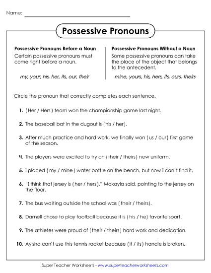 Possessive Pronouns - Circle the Correct Pronoun