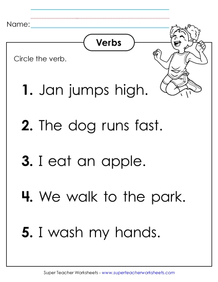 Basic Action Verbs - Circle the Verb Worksheet #1