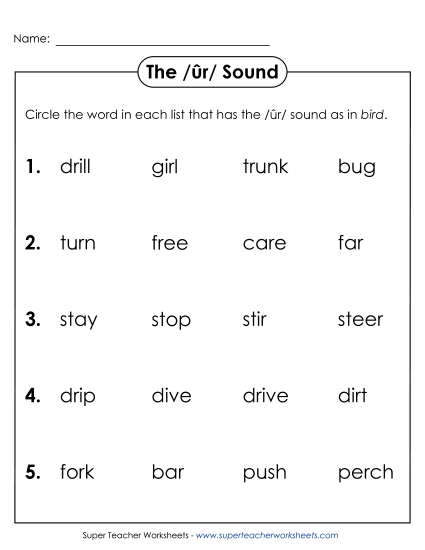 Worksheets - Circle the Word: /ûr/ Spelled <i>er</i>, <i>ir</i>, <i>ur</i>
