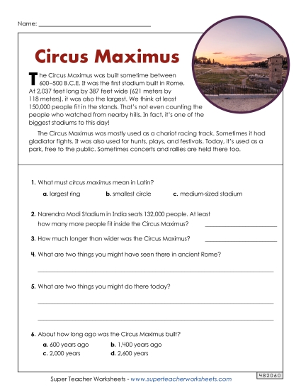 Reading Comprehension - Circus Maximus (Short Reading Comp) Reading Comprehension - Circus Maximus (Short Reading Comp)