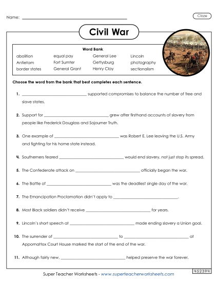 Worksheets - Civil War Cloze Activity