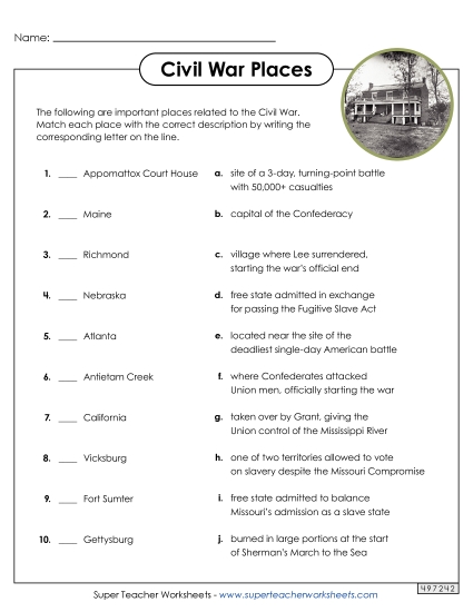 Worksheets - Civil War Locations Matching Worksheets - Civil War Locations Matching