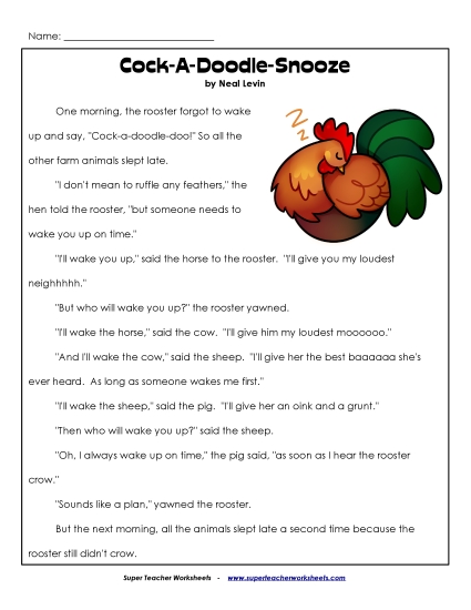 Reading Comp (Fiction) - Cock-a-Doodle-Snooze Worksheet