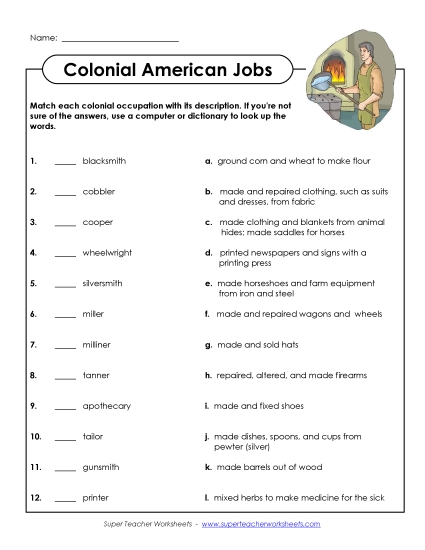 Worksheets and Activities - Colonial American Jobs