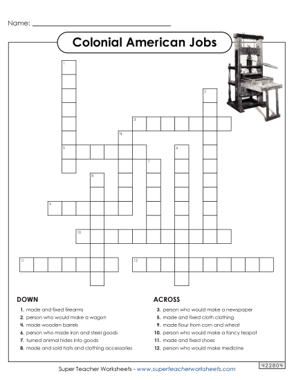 Worksheets and Activities - Colonial American Jobs Crossword
