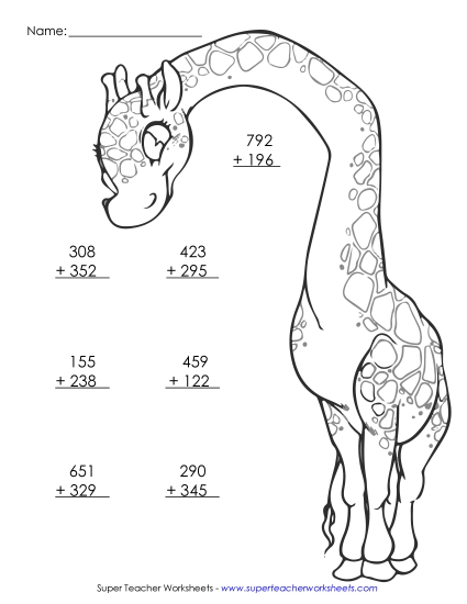 Addition (3-Digit Addends) - Color and Add: Giraffe (3-Digits) Addition (3-Digit Addends) - Color and Add: Giraffe (3-Digits)