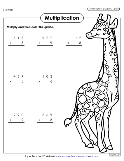 3-Digit Times 1-Digit Printables - Color and Multiply: Giraffe