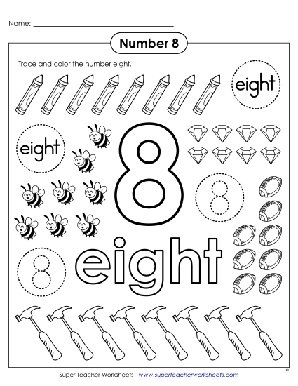 Number Eight - Color & Trace: Number 8 (Printable PDF Worksheet)