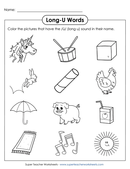 Worksheets - Color Long U Pictures