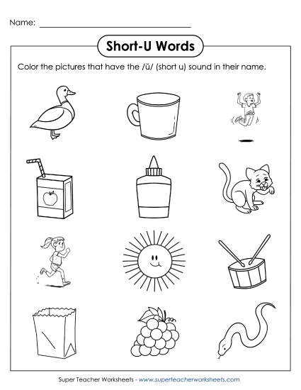 Worksheets - Color Short U Pictures