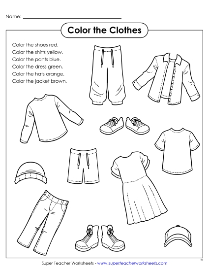 Worksheets - Color the Clothes (Printable PDF Worksheet)