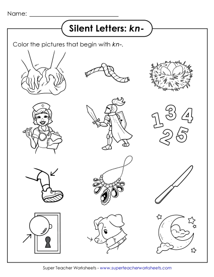 Worksheets - Color the Kn- Words (Printable PDF Worksheet)