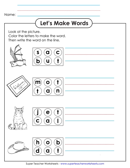 Worksheets - Color the Letters & Write (-at)