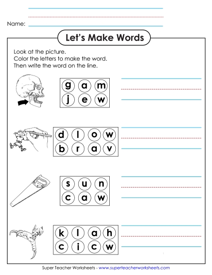 Worksheets - Color the Letters & Write (-aw) Worksheets - Color the Letters & Write (-aw)