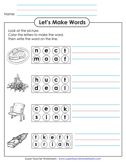 Worksheets - Color the Letters & Write (-eat)