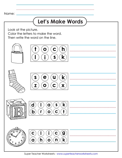 Worksheets - Color the Letters & Write (-ock) Worksheets - Color the Letters & Write (-ock)