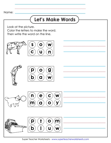 /ow/ Sound (as in Cow) - Color the Letters & Write (-ow)